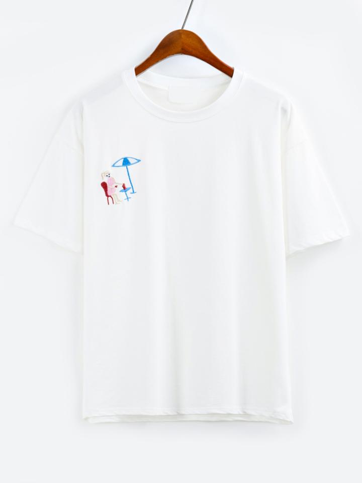 Shein Embroidered Drop Shoulder T-shirt - White