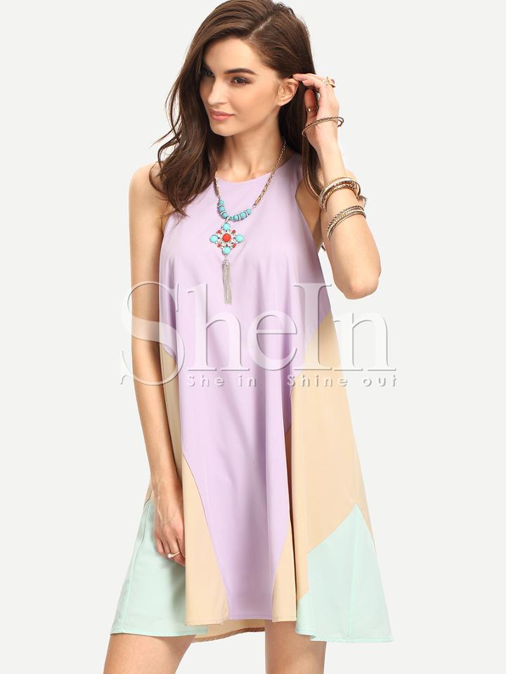Shein Purple Bib Neck Colorblock Flowy Dress