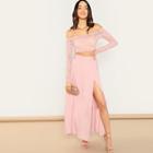 Shein Floral Lace Solid Bardot Top & Slit Skirt Set