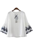 Shein White Bell Sleeve Embroidery Tie Neck Blouse