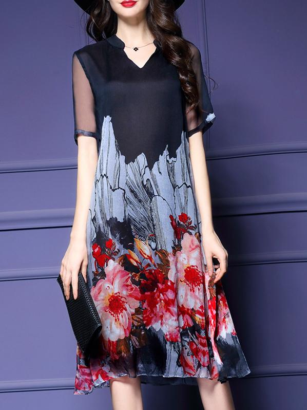 Shein Black V Neck Print Shift Dress