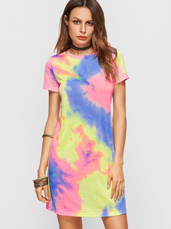 Shein Multicolor Pastel Tie Dye Print Tee Dress