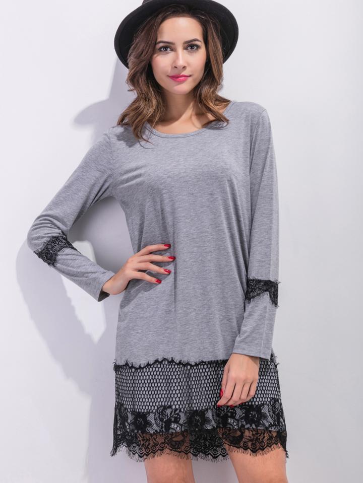 Shein Grey Eyelash Lace Detail Shift Dress
