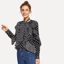 Shein Tie Neck Ruffle Detail Polka Dot Top