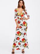 Shein Surplice Wrap Rose Print Tie Waist Dress