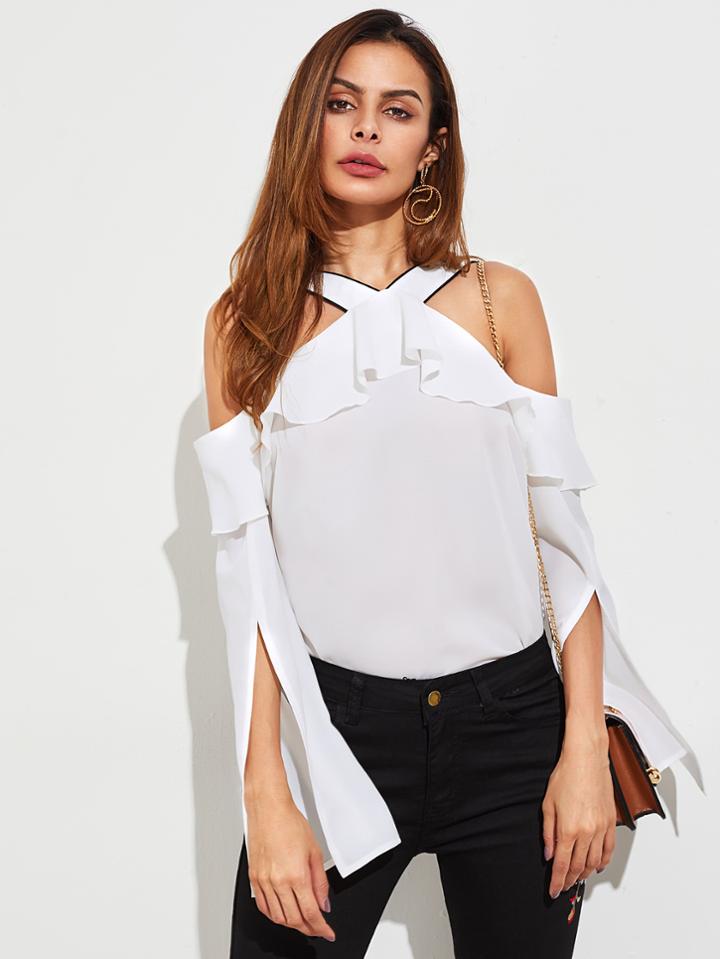Shein Split Bell Sleeve Frill Cold Shoulder Top