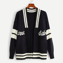 Shein Contrast Striped Letter Pattern Knit Coat