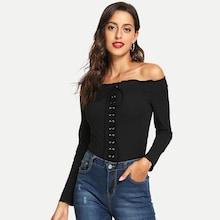 Shein Lace-up Front Rib Knit Bardot Tee