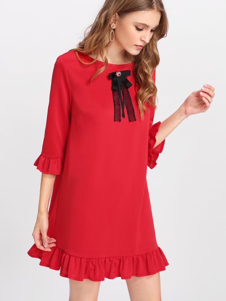 Shein Rhinestone And Bow Embellished Ruffle Trim Dress