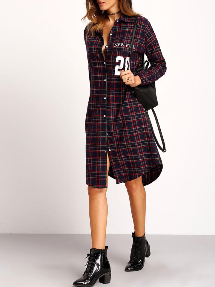 Shein Navy Red Long Sleeve Plaid 28 Print Shirt Dress