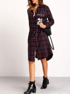Shein Navy Red Long Sleeve Plaid 28 Print Shirt Dress