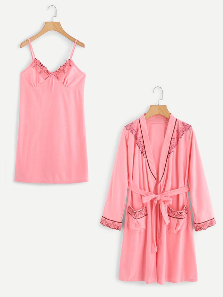 Shein Embroidery Detail Self Tie Kimono Robe With Slips
