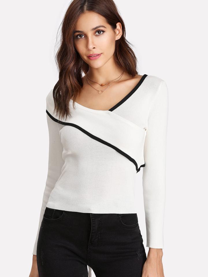 Shein Contrast Trim Fold Over Detail Tie Back Jumper