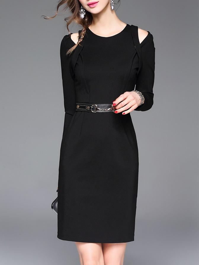 Shein Black Open Shoulder Belted Sheath Dress