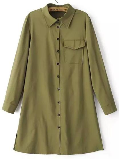 Shein Army Green Long Sleeve Pocket Shirt Dress