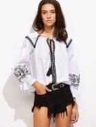 Shein Tie Neck Dotted Crochet Trim Embroidered Blouse