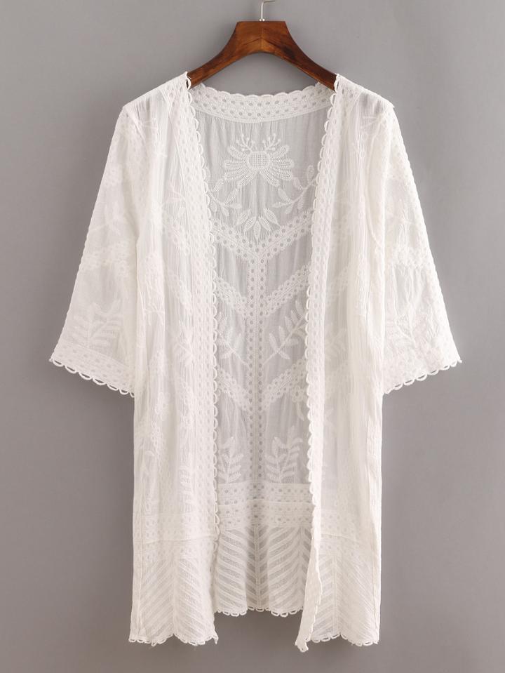 Shein White Elbow Sleeve Embroidery Blouse