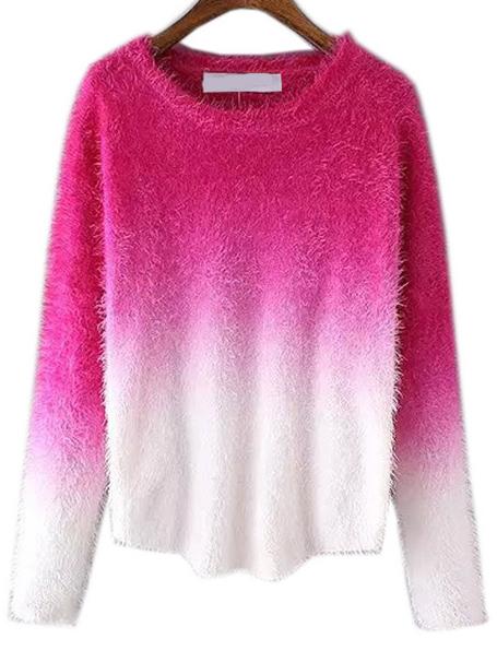 Shein Rose Red Ombre Round Neck Mohair Sweater