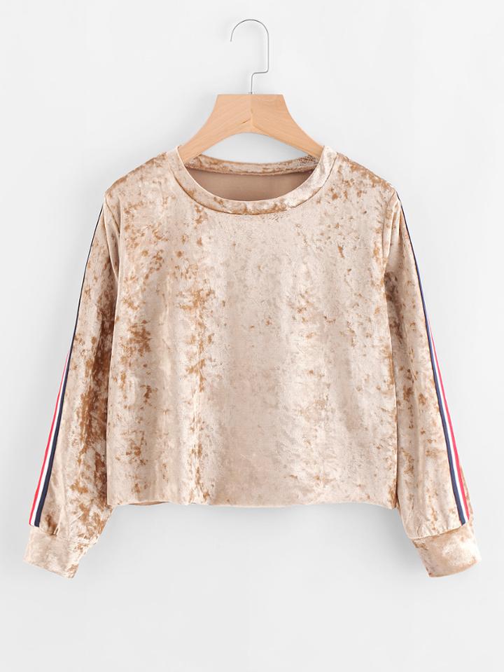 Shein Crushed Velvet Stripe Tape Detail Raw Hem Pullover