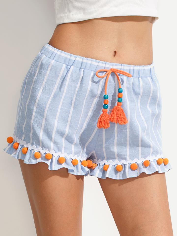 Shein Blue Striped Tassel Tie Waist Pom-pom Trim Shorts