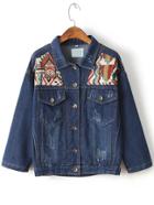 Shein Blue Tribal Embroidery Denim Jacket