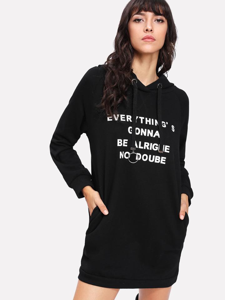 Shein O-ring Drawstring Slogan Print Hoodie Dress