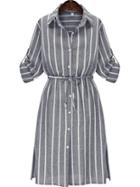 Shein Grey Lapel Vertical Stripe Split Shirt Dress