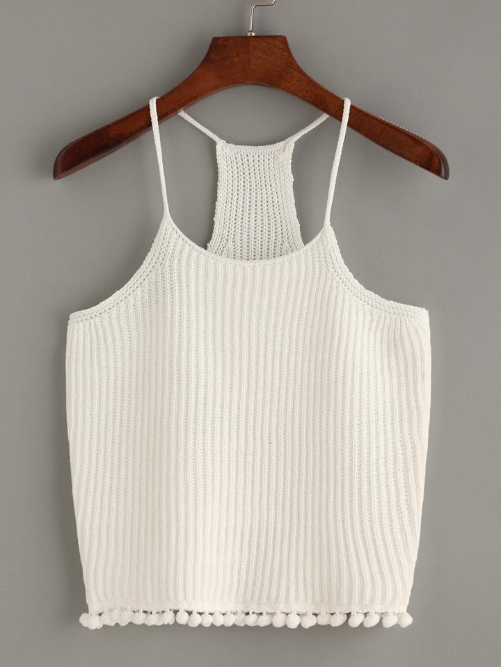 Shein Eyelet Pompom Trim Knit Cami Top