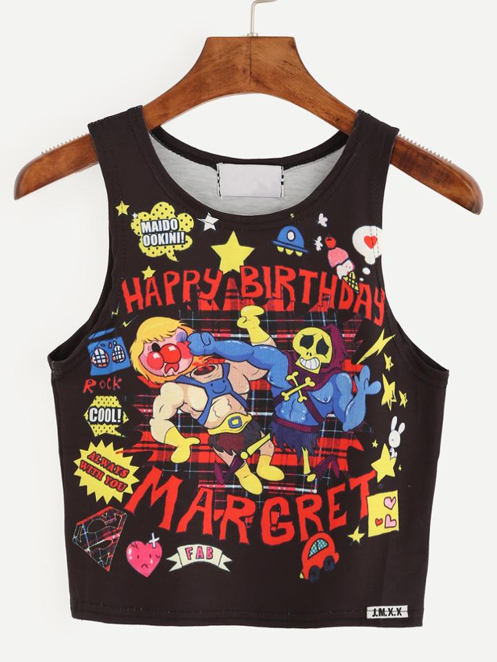 Shein Black Cartoon Print Crop Tank Top