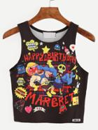 Shein Black Cartoon Print Crop Tank Top