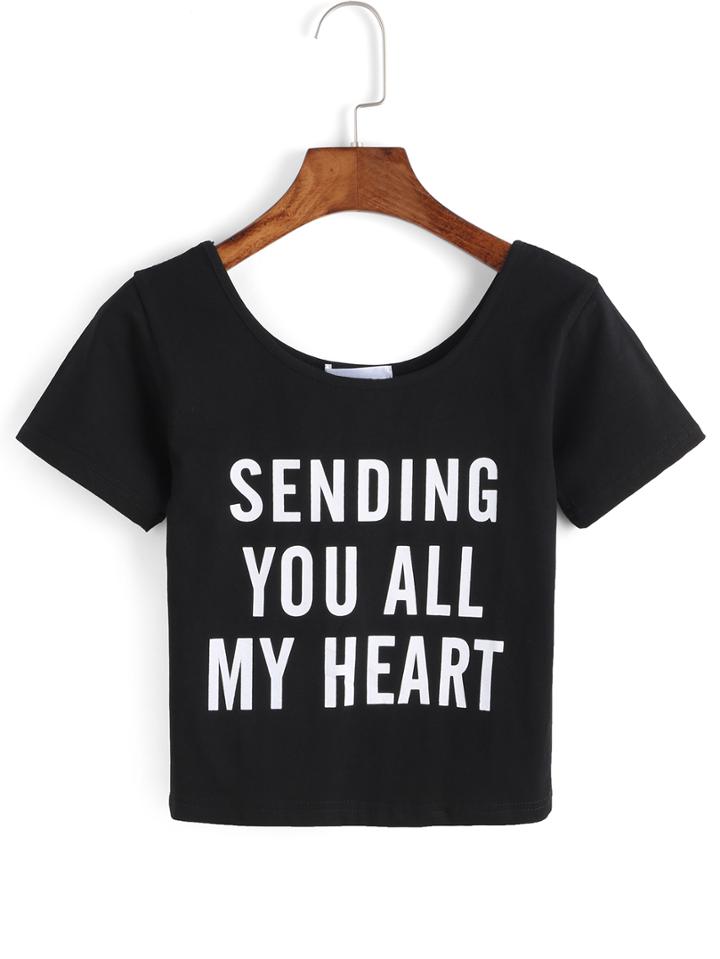 Shein Scoop Neck Letters Print Black T-shirt