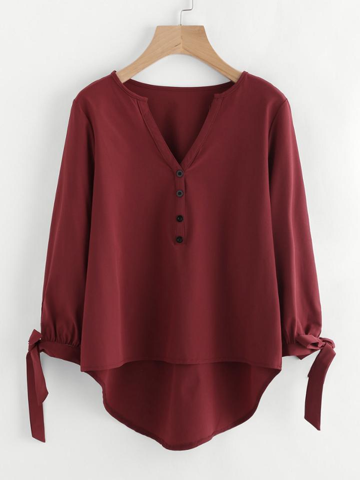 Shein V-neckline Tie Cuff Dip Hem Blouse