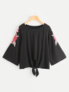 Shein Rose Patch 3/4 Sleeve Knot Front T-shirt