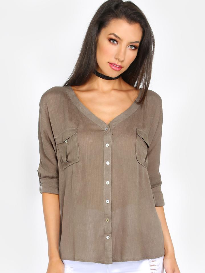 Shein Criss Cross Back Button Down Blouse Olive