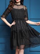 Shein Black Sheer Contrast Lace Drawstring Dress