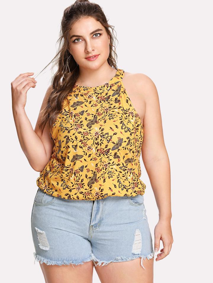 Shein Calico Print Keyhole Back Top