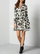 Shein Multicolor Long Sleeve Lace Up Vintage Print Dress