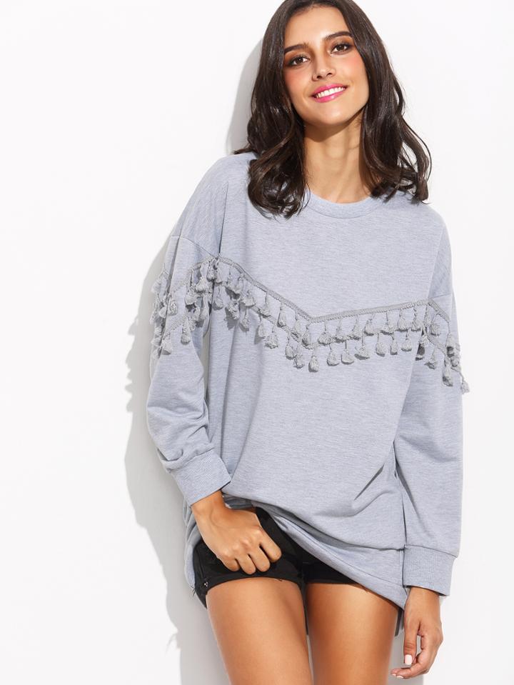 Shein Grey Drop Shoulder Tassel Trim Sweatshirt