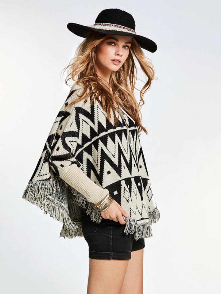 Shein Fringe Hem Geo Knit Poncho Sweater