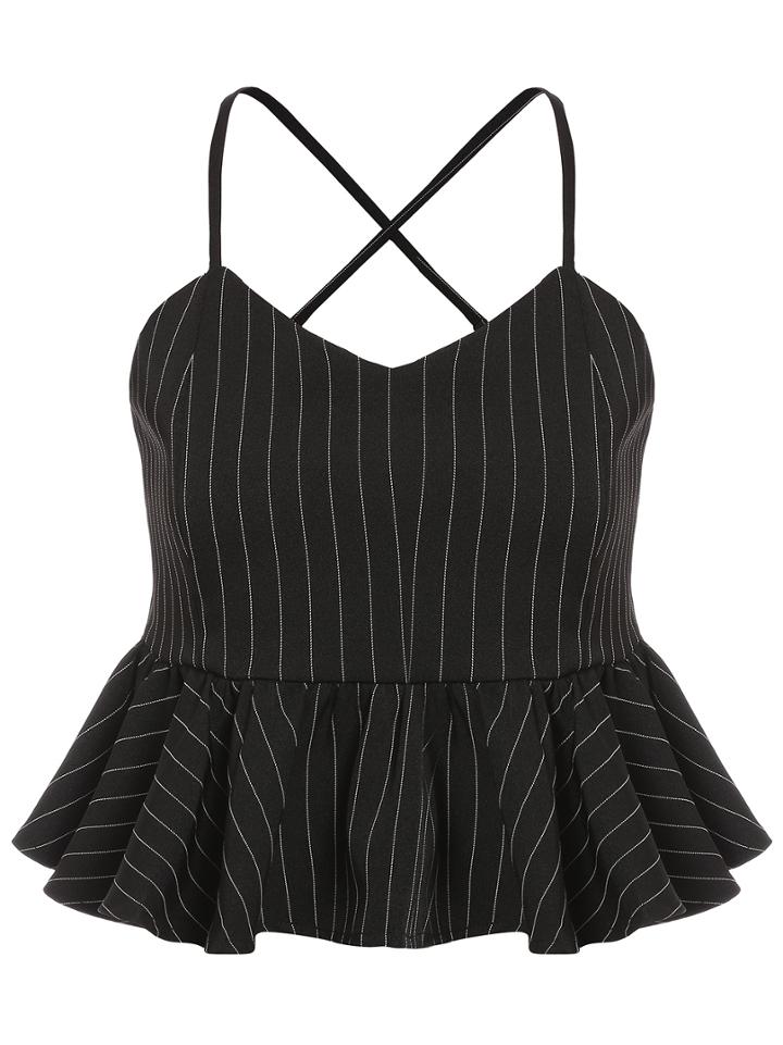 Shein Black Spaghetti Strap Vertical Stripe Ruffle Cami Top