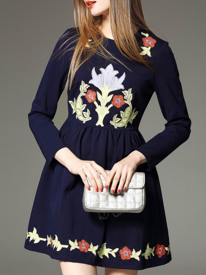 Shein Navy Hibiscus Embroidered Pockets A-line Dress