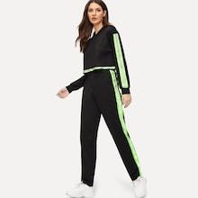 Shein Striped Tape Side Crop Hoodie & Pants Set