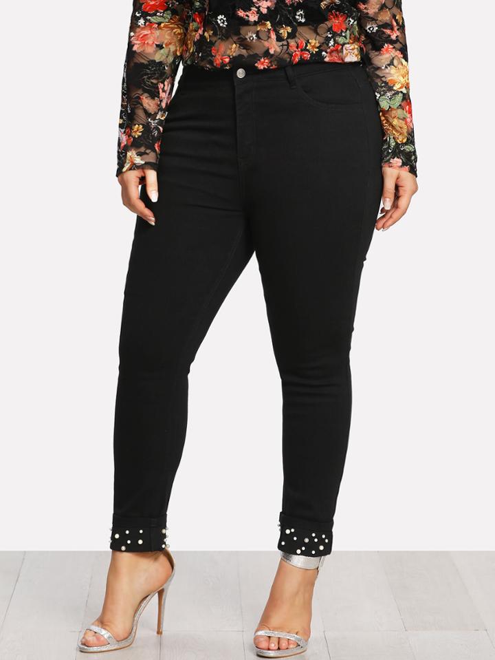 Shein Pearl Beading Roll Hem Jeans