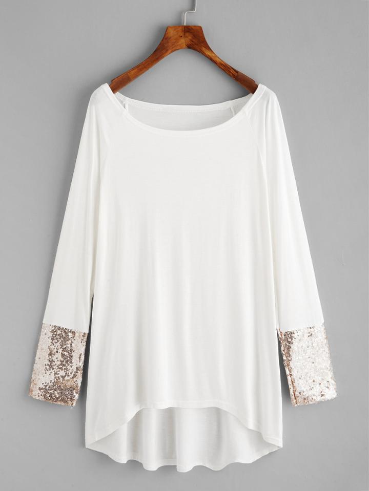 Shein Contrast Sequin Cuff Dip Hem Tee