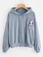 Shein Rabbit Embroidered Hoodie With Chest Pocket