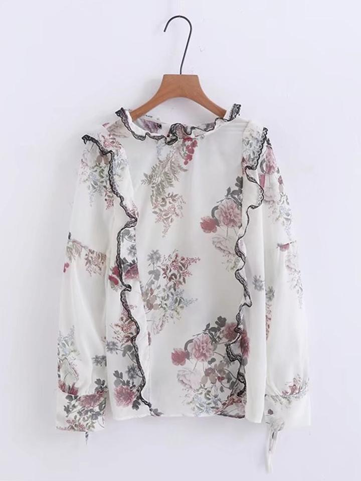Shein Contrast Lace Trim Ruffle Floral Blouse