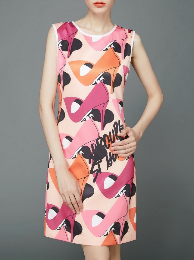 Shein Pink Color Block High Heels Print Shift Dress