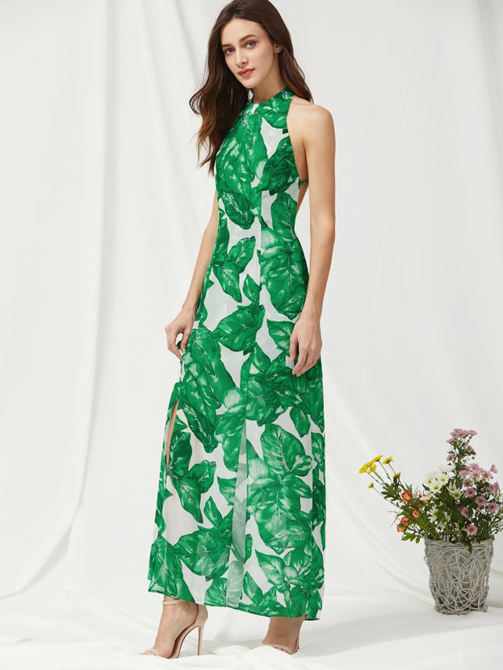 Shein Palm Leaf Print Crisscross Back Slit Halter Dress