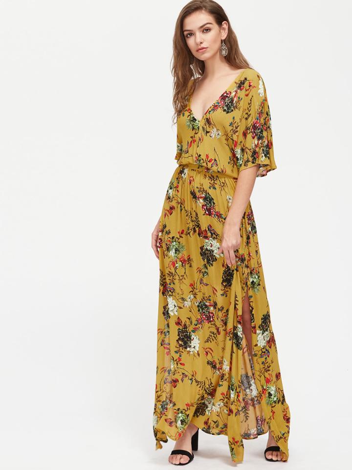Shein Botanical Print Split Flutter Sleeve Blouson Dress