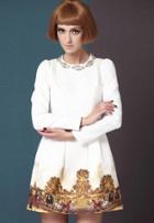 Shein White Long Sleeve Metal Beading Neckline Retro Print Dress